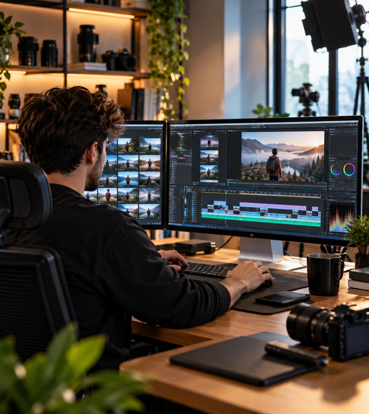 Creator research and video editing workspace